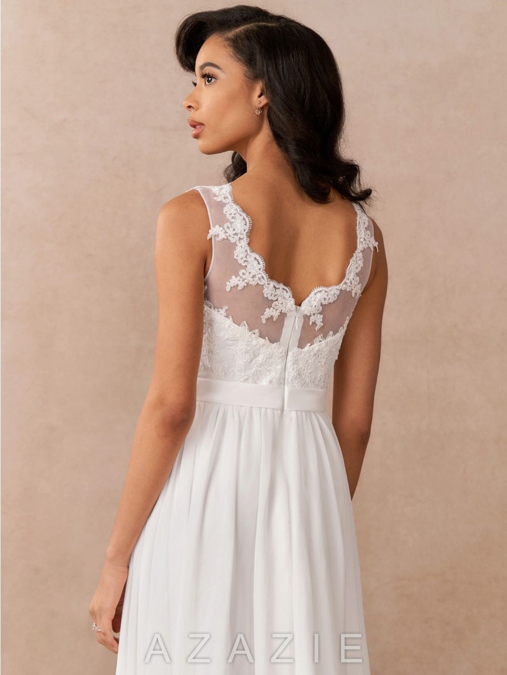 Azazie White Lace-Back Chiffon A-Line Dress - Macaria WD8